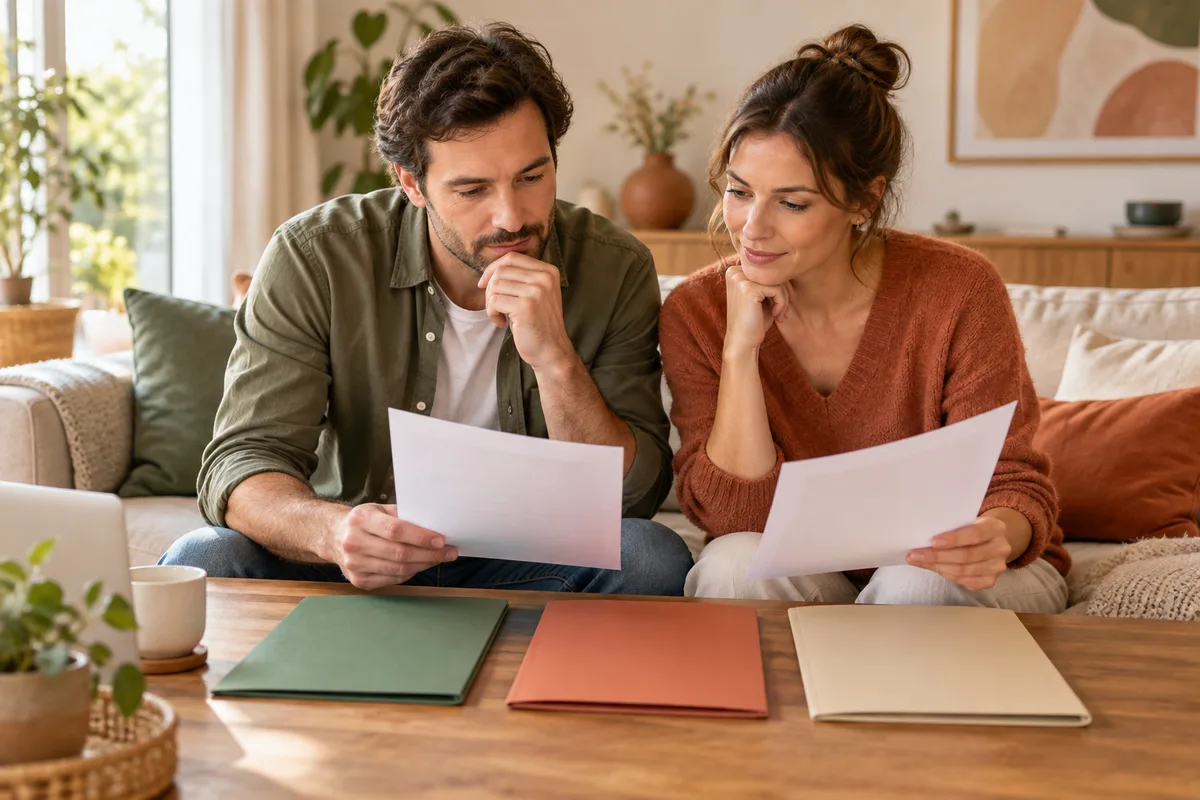 Un couple compare plusieurs dossiers sans inscription visible