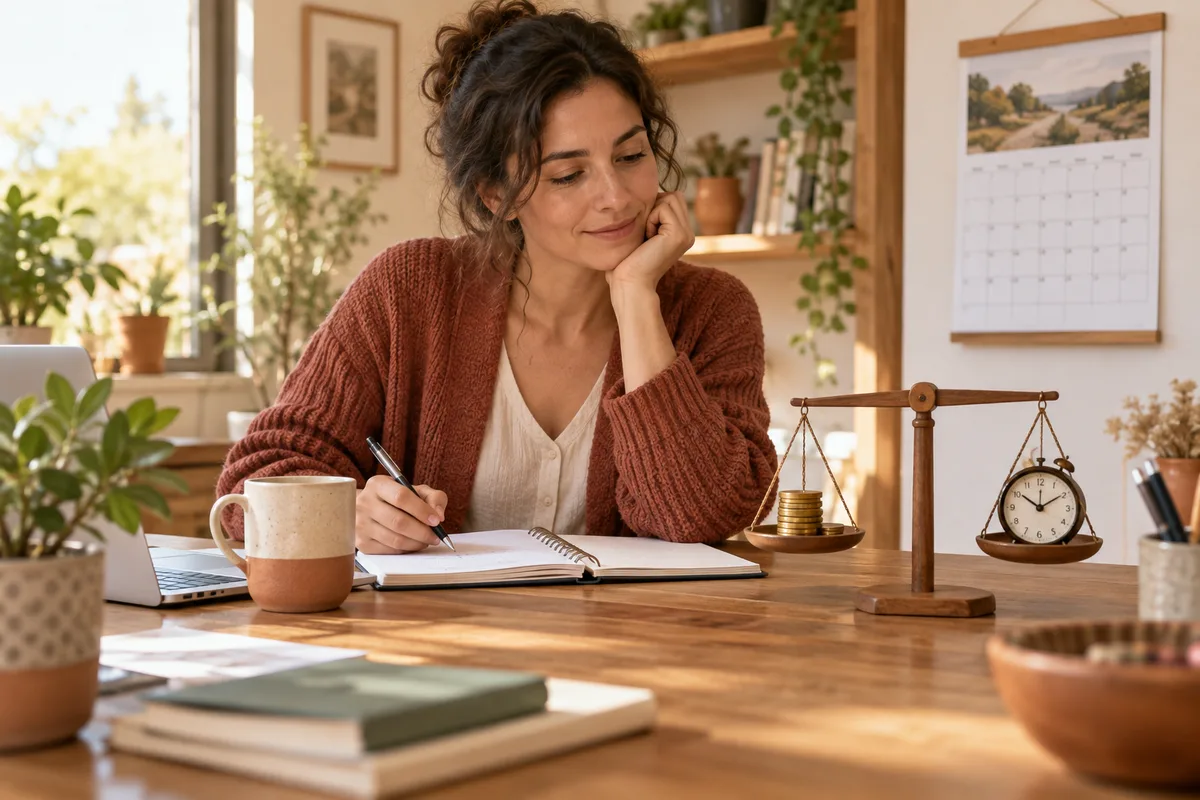 Une personne organise son budget avec un calendrier et une balance