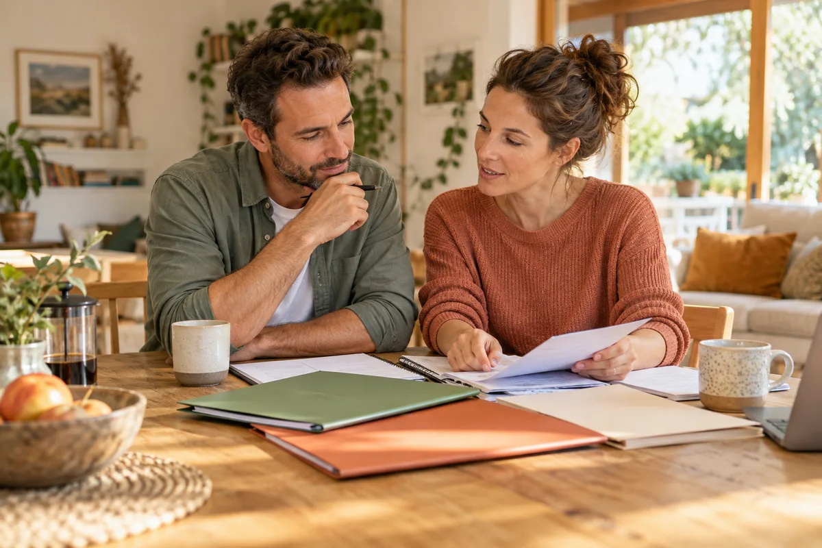 Un couple fait le point sur ses dossiers financiers dans une ambiance calme