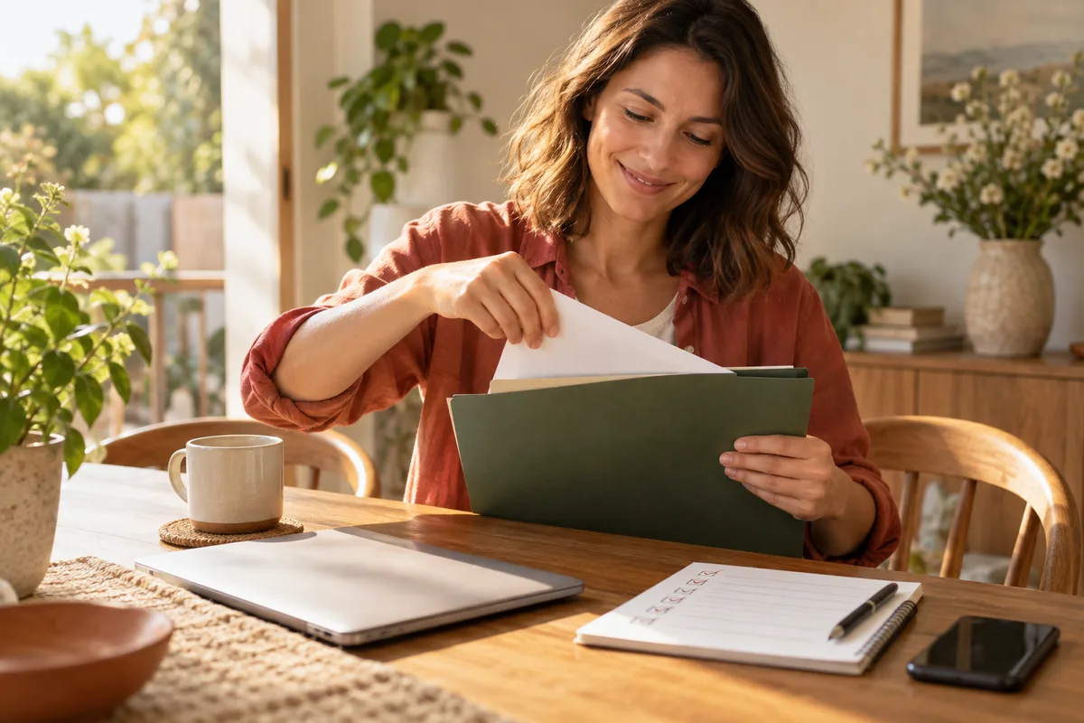 Une personne termine sereinement le classement de ses documents